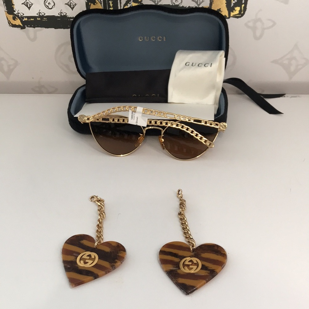 New Authentic Gucci GG0977S 002 Gold Cat-Eye Sunglasses Brown Lenses - Picture 10 of 11
